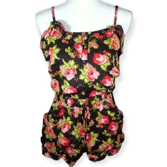 CONFESS BLACK, PINK, & GREEN FLORAL ROMPER SZ.M EUC - Picture 1 of 9